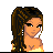 Pixel art of a woman with long brown braided hair, yellow top, and black pants holding a black Fendi bag, with legs in high-heeled sandals; repeated 'latina' text with red and blue flowers.