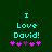 Cyan text "I Love David!" on dark green background with pink and purple pixel hearts below, showing heart animation