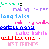 Pixelated text in multiple colors arranged in a vertical stack on a white background, with each line in a distinct color and some lines underlined.