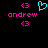 Pixelated icon with pink text 'andrew' and pink '<3' symbols on black background, featuring a cyan heart symbol in the center.