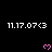 Pixelated text '11.17.07<3' repeated across black background with pink heart symbols, some frames showing gray overlay on bottom-right.
