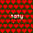 Red heart pattern fills background; four instances of white text 'taty' appear on dark brown backdrop.
