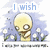 Pixelated cartoon character with large eyes and bald head stands in field of white flowers, text above changes across four