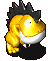 Yellow cartoon creature with black spiky hair and white underbelly in six sequential poses showing head turn from left to right.