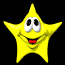 Six yellow star-shaped figures with cartoon eyes and red mouths arranged in two against a black background
