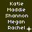 A dark green background displays three of white pixelated text listing names with small symbols next to 'Rachel' in each