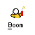 Animated sequence showing a yellow cartoon figure holding a red cylindrical object with yellow sparks, transitioning through explosion effects and scattered debris.