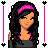 Pixel art contact sheet of a 5x5 grid showing animated frames from an AIM buddy icon featuring a cartoon woman with long black hair, pink headband, and dark top against white background with pink accents.