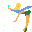 Pixelated cartoon character in dynamic pose with blue wings, green lower body, and yellow head, surrounded by light green dots on gray background.