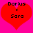 Two identical red heart shapes on a bright pink background, each containing black pixelated text reading 'Darius + Sara' in a vertical arrangement.