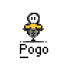 Four pixel art frames of a yellow and gray stick figure with white head, each labeled "Pogo" below on a gray background.