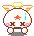 A 4-frame pixel art animation of a cartoon character with cat ears, pink cheeks, and a yellow halo-like ring on its head, displayed in a 2x2 contact sheet format against a gray background.