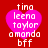 Red background with four identical pink heart-shaped icons containing stacked white text reading tina leena taylor amanda bff.