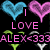 Pixelated icon with two hearts, text 'I LOVE ALEX<333', and small green/white symbols on black background.