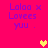 A bright pink background displays purple text reading "Lalaa x Lovees yuu ." with two pixelated hearts, one yellow and one orange, appearing in different positions across frames.