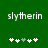 Green background with white pixelated text 'slytherin' and five heart symbols, where the third heart changes from light green to white between frames.