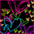Pixelated abstract composition with interwoven magenta, cyan, green, and yellow lines on black background, framed by magenta border.