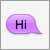 Purple speech bubble icon with 'HI' text in brown and blue hues on a white background.