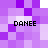 Pixelated purple and white background with four instances of the word DANCEE in black block letters positioned at top-left, top-right, bottom-left, and bottom-right