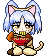 A 5x5 contact sheet of a pixel art animation featuring a blue-haired cat-eared character eating from a red bowl, with the final frame showing chopsticks and an empty bowl.