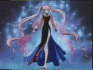 Animated sequence of a character with long pink hair in a dark blue gown against a starry background, showing subtle pose and dress movement.