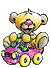 A yellow teddy bear sits in a pink vehicle with yellow wheels, displaying multiple facial expressions