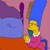 Pixelated cartoon character with yellow hair and blue-green torso, standing against pinkish-purple background with orange lower section.