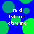 Pixelated blue background with green circles and text reading 'mid island xtreme' in white block letters.