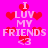Pixelated pink background with red hearts and white text reading "I LUV MY FRIENDS <3" repeated in a pattern