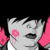 A pixelated figure with short black hair and pink flower-like marks on cheeks holds a dark gray device with red accents, showing blood-stained fingers.