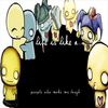 Pixelated cartoon characters in various poses and expressions surround a black rectangular space with faint text.