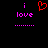 Pixelated text and symbols on black background: 'i love' in pink with red heart symbol above, followed by dotted line.