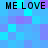 Pixelated text 'ME LOVE' repeated four times on a blue and purple pixel background