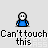 Pixelated character in blue shirt with white face and black eyes, surrounded by red circular objects against gray background, text 'Can't touch this' repeated below.