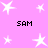 Pink background with white star shapes and black text reading "SAM" in four positions.