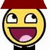 Yellow circular face with red cap, wide open mouth, and eyes looking up-right, wearing black shirt with white collar.