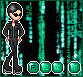 Pixelated character in black outfit with sunglasses against green matrix code background, standing with hands on hips and legs crossed.