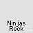 Animated sequence of black pixel art icons with yellow accents, each labeled 'Ninjas Rock' text below, showing motion trails and static poses against light gray background.