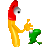 Pixelated figure with red head, yellow body, and green lower half holding a yellow flame-like object against gray background.