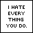 A 5x4 contact sheet of animated frames showing a pixel art icon with text that changes from "I HATE EVERYTHING YOU DO." to "LOVE" and then to "I DON'T KNOW ANYMORE." across multiple frames, including partial page curl effects on some frames.