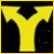Yellow Y-shaped symbol on black background with six showing text and heart variations