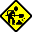 Yellow diamond-shaped warning signs with black silhouettes of a person digging, showing sequential animation frames where the figure's arm position changes and red particles appear near the head.