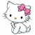 Pixelated white cat with black eyes, yellow nose, and pink bow on right side; gray outline of body and limbs.