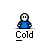 Animated contact sheet of a pixelated blue character with white face and hands performing various poses, each frame labeled "Cold" below the figure on gray background.