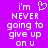 Purple background with white pixelated text reading "i'm NEVER going to give up on u" and a heart symbol above the text.
