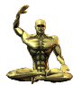 Golden muscular figure in lotus position with raised right hand, displayed in four showing hand movement from open palm to closed fist