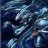 Pixelated dark blue and gray abstract composition with scattered light blue highlights against a deep navy background.