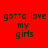 Red background with black text 'gotta love my girls' and blue rectangular overlays shifting across the text in four distinct positions.