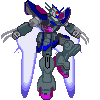A mechanical robot with blue, purple, and yellow accents stands against a gray background, holding red lightsabers that activate sequentially as the figure disintegrates into particles.