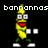 Pixelated banana character with glasses and red mouth, standing on white shoes, holding two white blocks, with text above changing between 'bannannas' and 'Go!Go!' across frames.